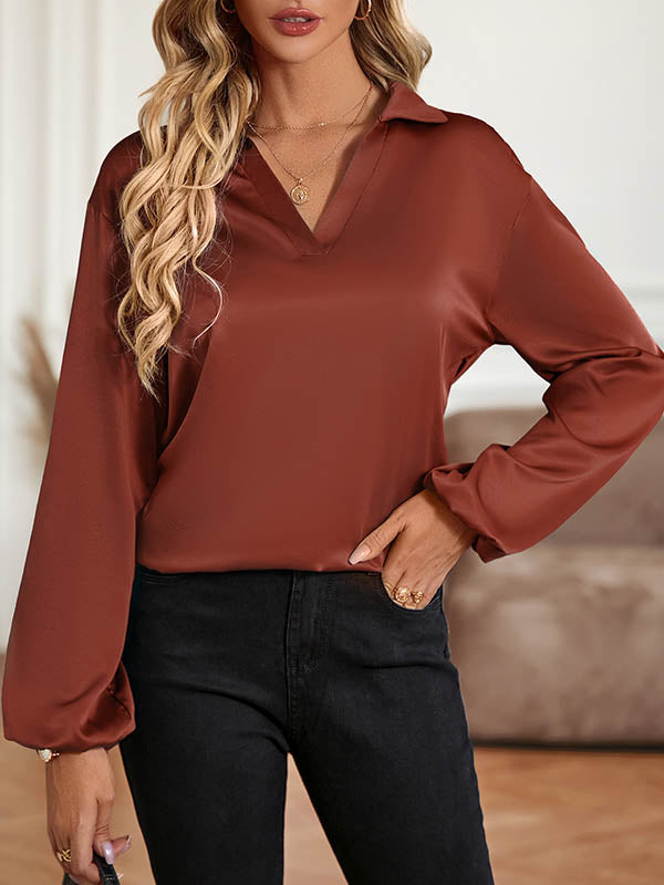 Backless Elasticity Hollow Knot Solid Color High-low Long Sleeves V-neck T-Shirts Tops