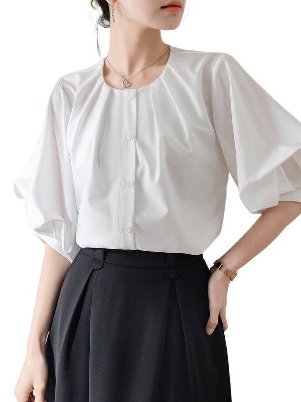 Buttoned Pleated Solid Color Half Sleeves Loose Round-Neck Blouses&Shirts Tops
