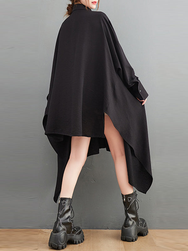 Asymmetric Buttoned Pockets Solid Color A-Line High-Low Lapel Shirt Dress Midi Dresses