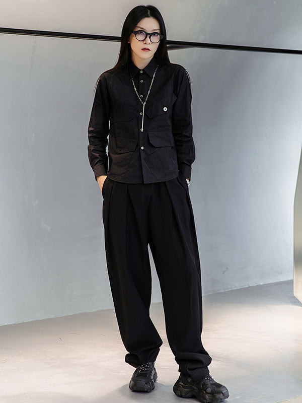Simple Black Lapel Pockets Blouse
