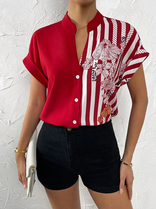 Buttoned Contrast Color Flower Print Striped Loose Short Sleeves V-Neck Blouses&Shirts Tops