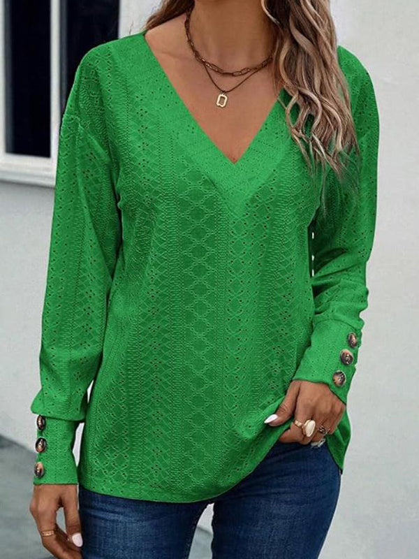 Buttoned Solid Color Long Sleeves Loose V-Neck T-Shirts Tops