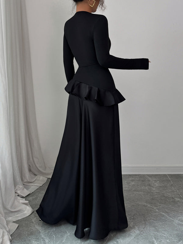 Ruffle Trim Solid Color Split-Joint A-Line High Waisted Round-Neck Maxi Dresses