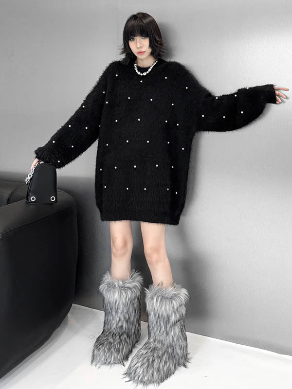 Beads Contrast Color Shiny Split-Joint Long Sleeves Loose Round-Neck Sweater Dresses Mini Dresses