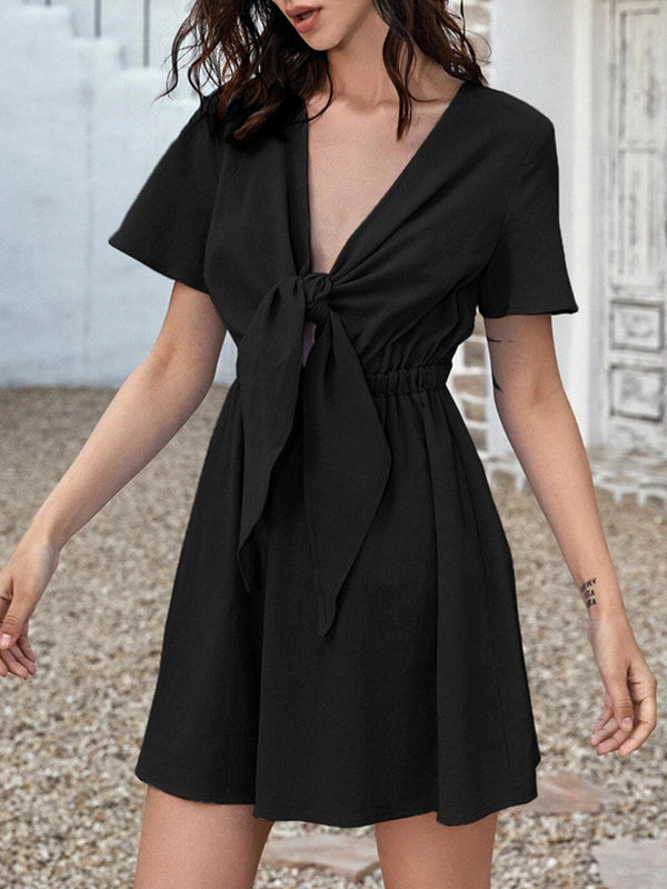 Elasticity Knot Pleated Solid Color A-Line Loose Deep V-Neck Mini Dresses