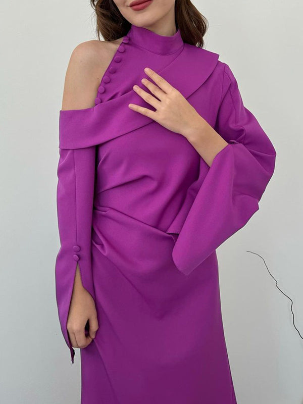 Flared Sleeves Asymmetric Buttoned Hollow Solid Color Zipper Cold Shoulder Evening Dresses Maxi Dresses