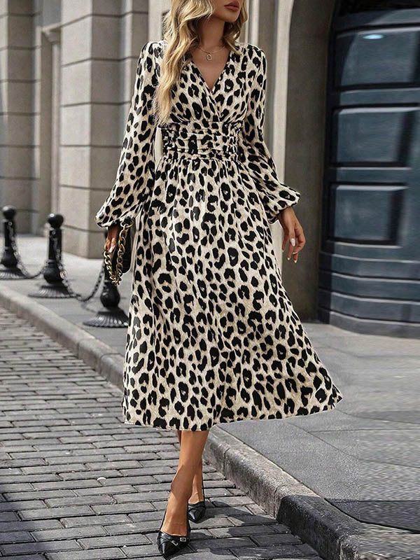 Contrast Color Leopard Pleated Split-Joint Elasticated Waist High Waisted V-Neck Maxi Dresses