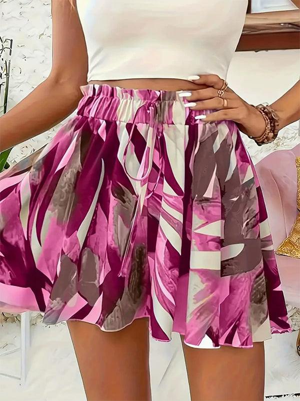 Drawstring Elasticity Printed Split-Joint High Waisted Loose Shorts