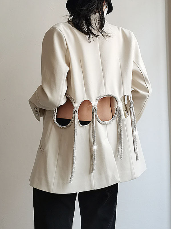 Casual Loose Long Sleeves Sequined Tasseled Hollow Shiny Notched Collar Outerwear Blazer