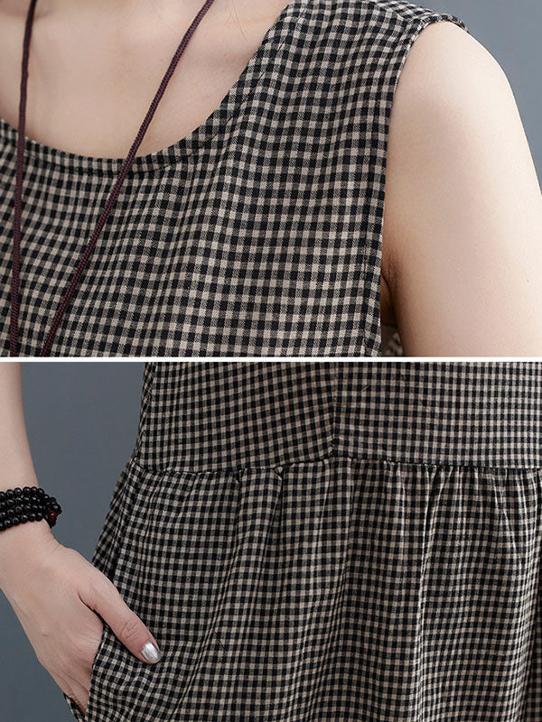Plaid Split-Joint Loose Sleeveless Round-neck Jumpsuits