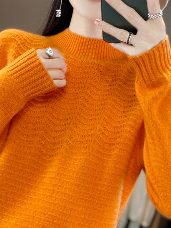 Solid Color Long Sleeves Loose Mock Neck Sweater Tops Pullovers