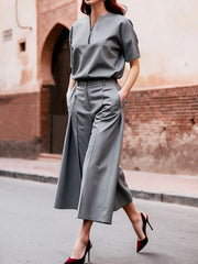 Loose Short Sleeves Solid Color Zipper V-Neck Blouses&Shirts Tops