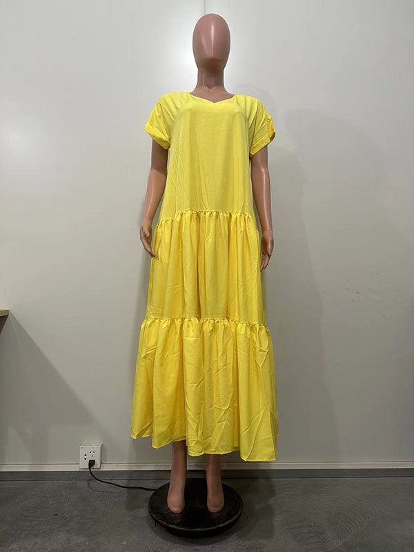 Pleated Solid Color Split-Joint A-line Loose V-neck Maxi Dresses