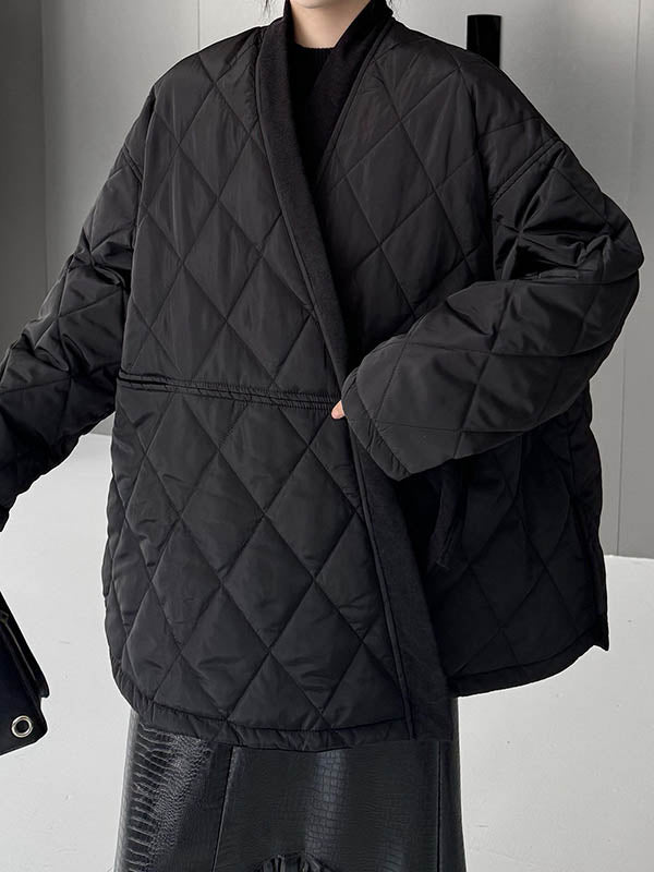 Plaid Quilted Solid Color Split-Joint Tied Long Sleeves Loose Collarless Padded Coat Outerwear