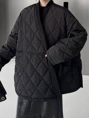 Plaid Quilted Solid Color Split-Joint Tied Long Sleeves Loose Collarless Padded Coat Outerwear