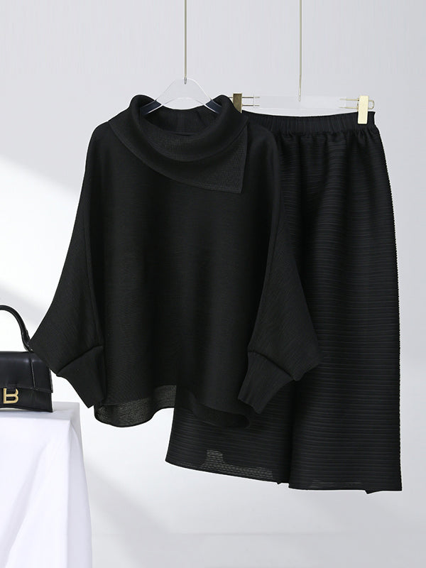 Simple Loose Long Sleeves Pleated Solid Color High-Neck T-Shirt Top&Wide Legs Pants Two Pieces Set