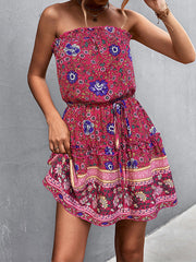 Elasticity Flower Print Ruffle Trim Tied Waist A-Line High Waisted Tube Mini Dresses