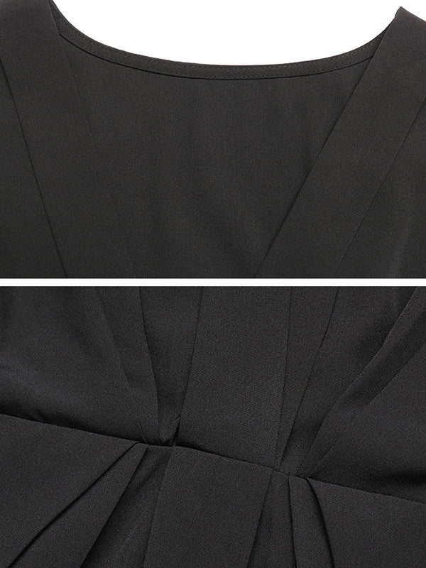 Elasticity Pleated Solid Color Split-Joint Loose Raglan Sleeve V-Neck Mini Dresses