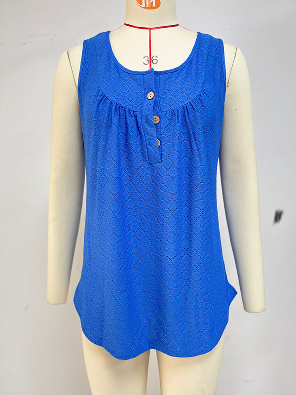 Buttoned Pleated Split-Joint Loose Sleeveless Round-Neck Vest Top