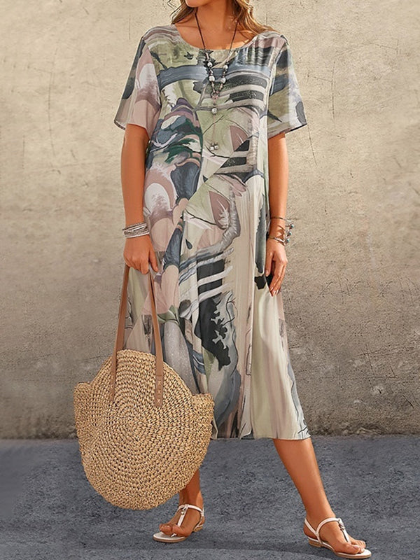 Printed A-Line Loose Round-Neck Midi Dresses