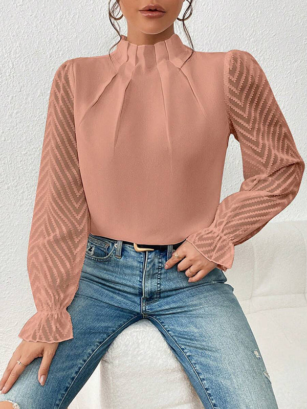 Elasticity Mesh Pleated Solid Color Long Sleeves Loose Mock Neck Blouses&Shirts Tops