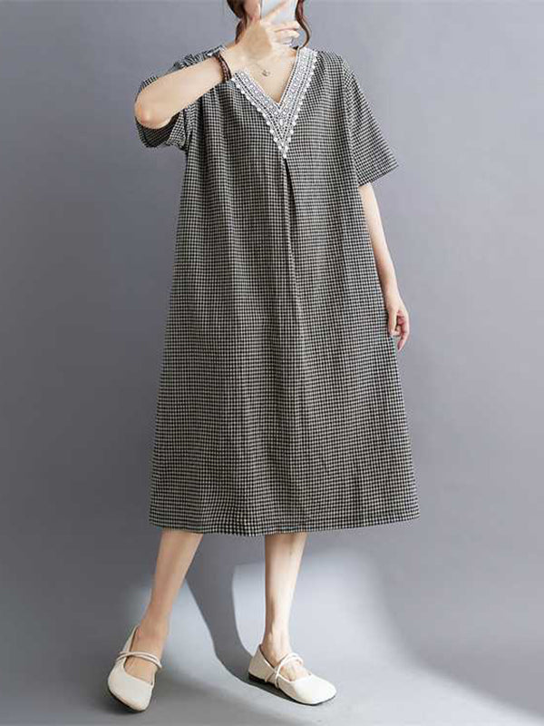 Plaid Pleated Split-Joint A-Line Half Sleeves V-Neck Midi Dresses