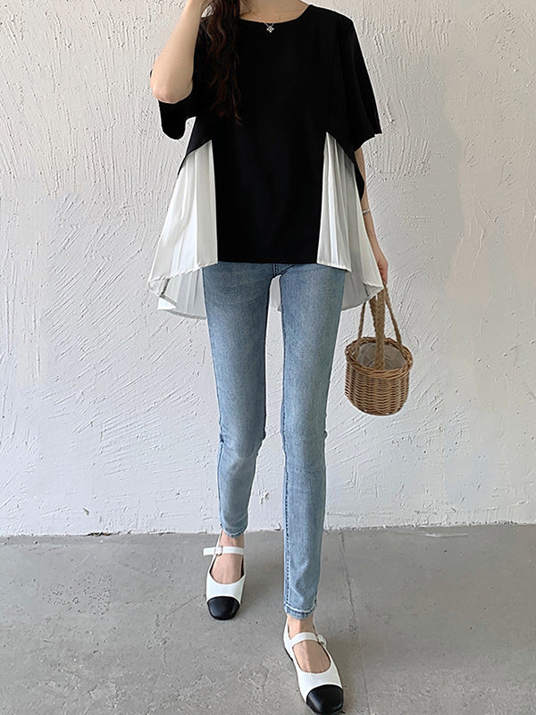 Split-Joint Half Sleeves Irregularity Round-Neck T-Shirts Tops