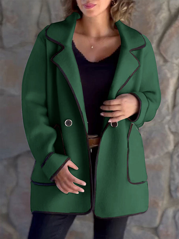 Buttoned Pockets Split-Joint Long Sleeves Loose Notched Collar Woolen Coat