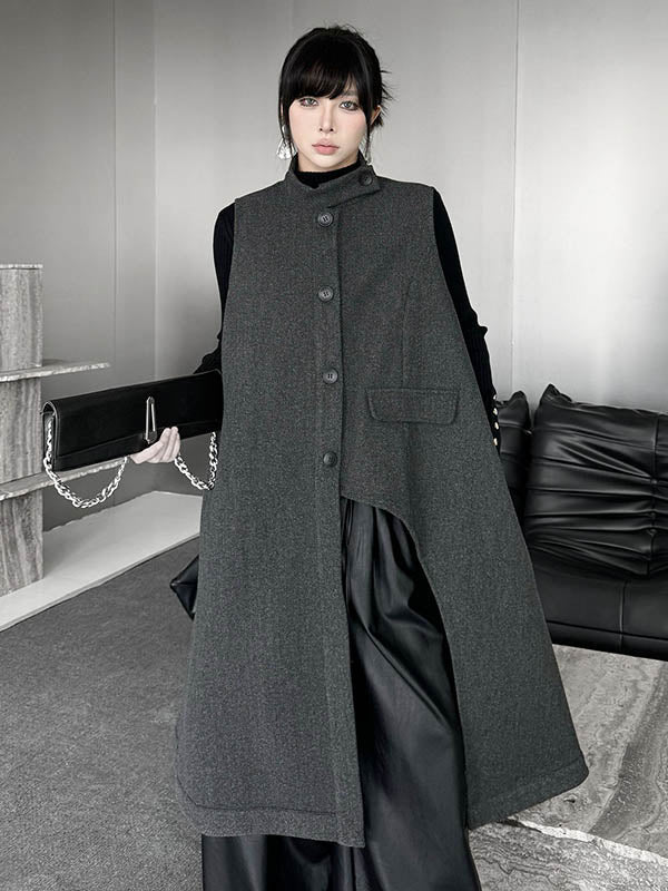 Asymmetric Buttoned Solid Color Split-Joint High-Low Irregularity Stand Collar Padded Vest Outerwear