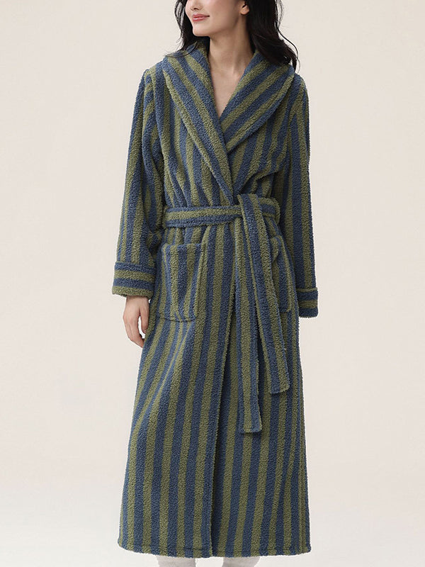 Split-Joint Striped Tied Waist Long Sleeves Loose Lapel Robes