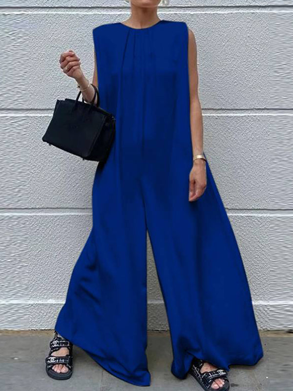 Solid Color Loose Sleeveless Round-Neck Wide Leg Jumpsuits