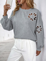 Asymmetric Hollow Split-Joint Loose Puff Sleeves Round-Neck Sweatshirt Tops