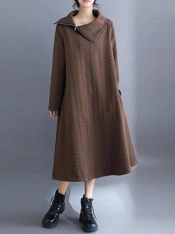 Asymmetric Solid Color Zipper A-Line Long Sleeves Asymmetric Collar Midi Dresses