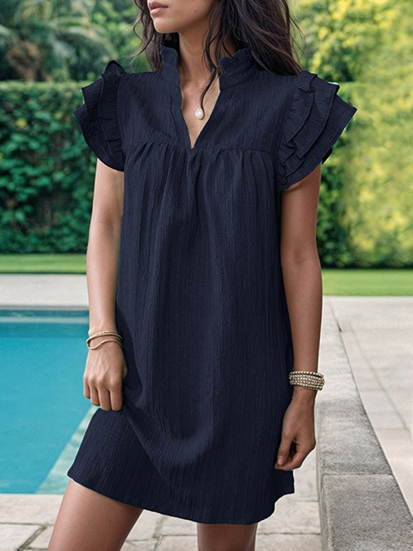 Ruffled Solid Color A-Line Loose Stand Collar Mini Dresses