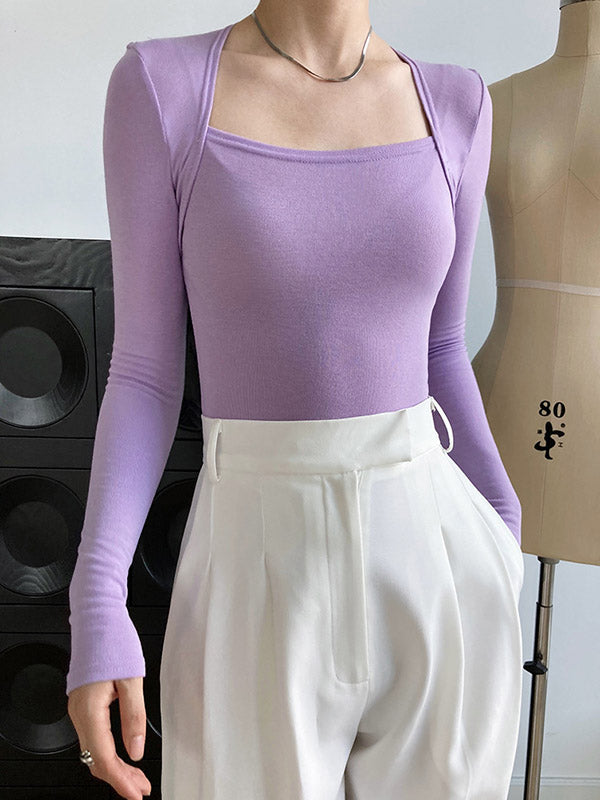 Simple Solid Color Square-Neck Long Sleeves False Two Base Shirt