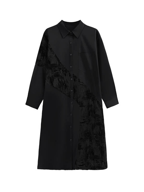 Asymmetric Buttoned Printed A-line Long Sleeves Lapel Shirt Dress Midi Dresses