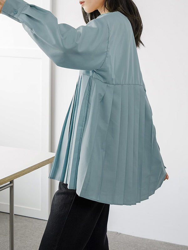 Buttoned Pleated Solid Color Long Sleeves Loose Round-Neck Blouses&Shirts Tops
