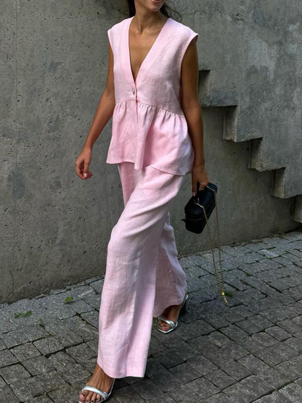 Loose Split-Joint Sleeveless Pleated V-neck Vest + Pants Trousers Two Pieces Set