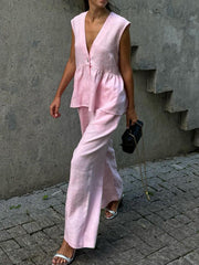 Loose Split-Joint Sleeveless Pleated V-neck Vest + Pants Trousers Two Pieces Set