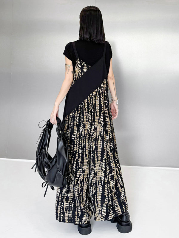 Asymmetric Contrast Color Printed Split-Joint Loose Sleeveless Spaghetti-Neck Overalls