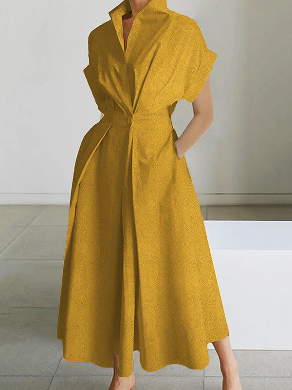 Buttoned Pleated Pockets Solid Color High Waisted Loose Stand Collar Midi Dresses
