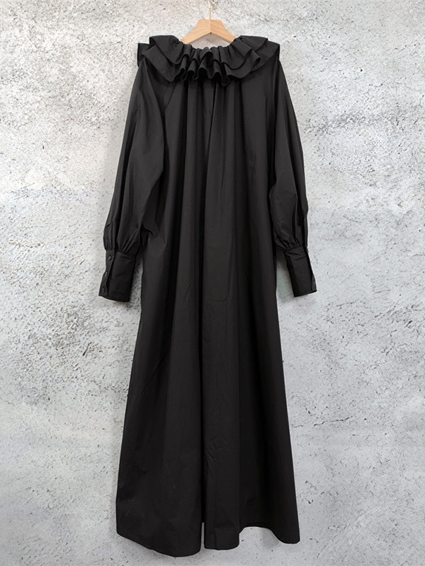 Pleated Solid Color Split-Joint Tiered Loose Puff Sleeves V-Neck Midi Dresses