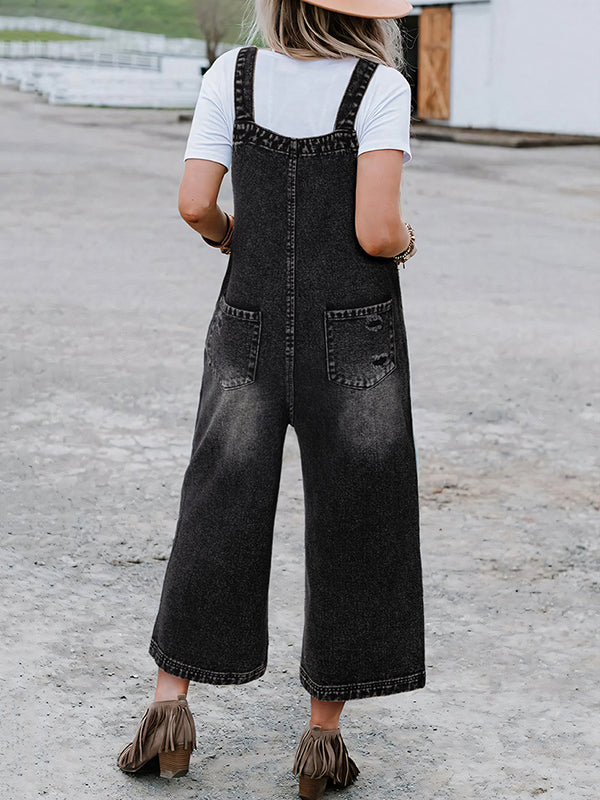 Hollow Pockets Split-Joint Loose Sleeveless Spaghetti-Neck Overalls