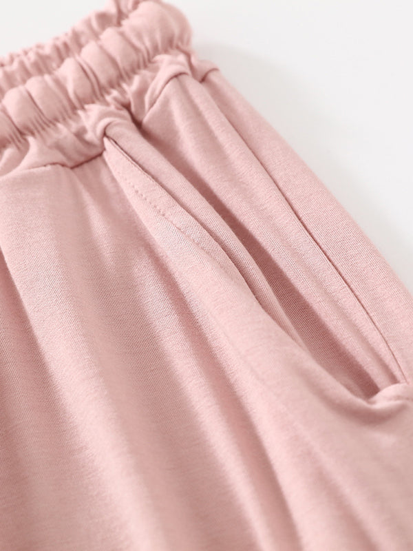 Drawstring Elasticity Pleated Solid Color Loose Sleeveless Round-neck Pajama Sets