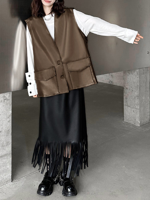 Buttoned Pockets Solid Color Loose Sleeveless V-neck Vest Outerwear