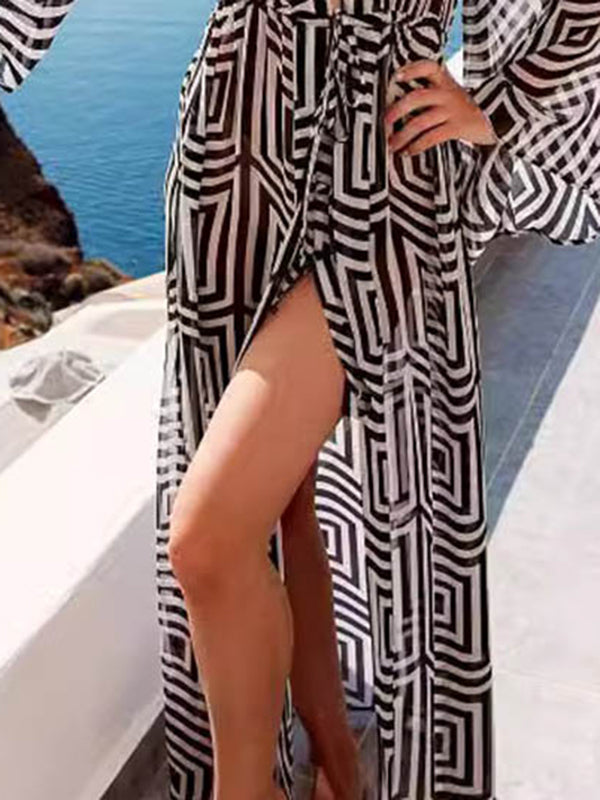 Lace-Up See-Through Split-Joint Flared Sleeves Loose Deep V-Neck Cover-Up
