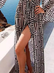 Lace-Up See-Through Split-Joint Flared Sleeves Loose Deep V-Neck Cover-Up