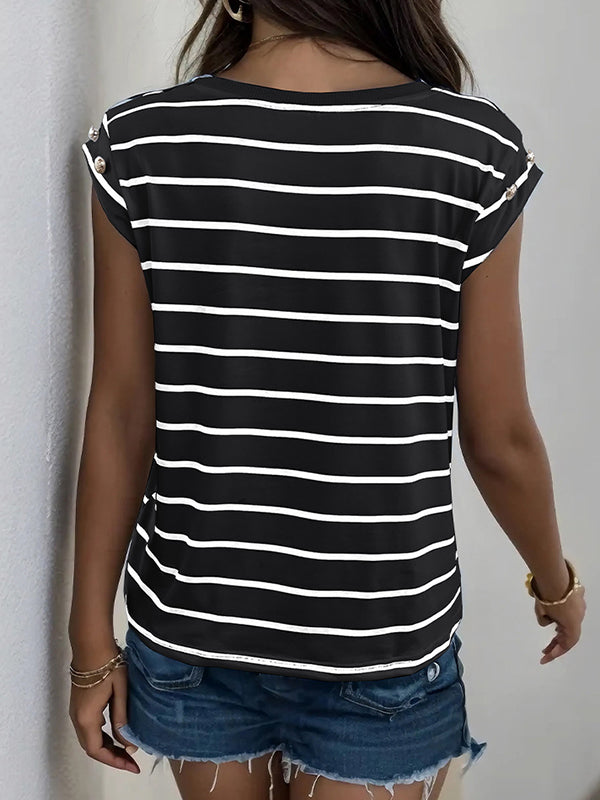 Split-Joint Striped Loose Short Sleeves Round-Neck T-Shirts