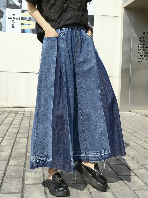 Elasticity Fringed Pleated Loose Wide Leg Jean Pants Bottoms