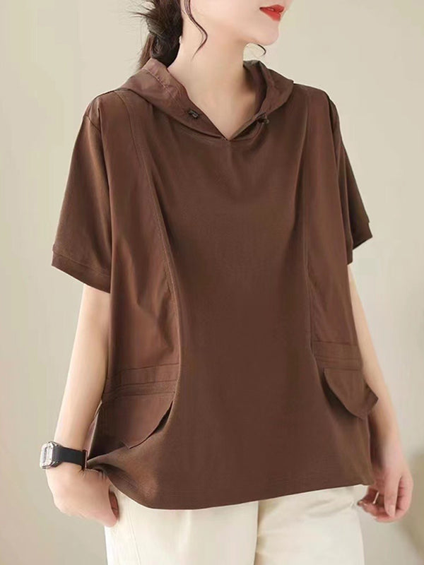 Solid Color Loose Short Sleeves Hooded T-Shirts Tops